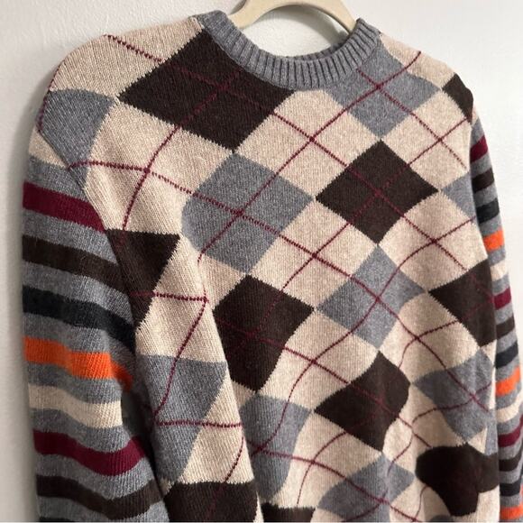 Colin Argyle Striped Wool Crewneck Sweater Womens Large Tan Gray Orange Preppy - Picture 4 of 5